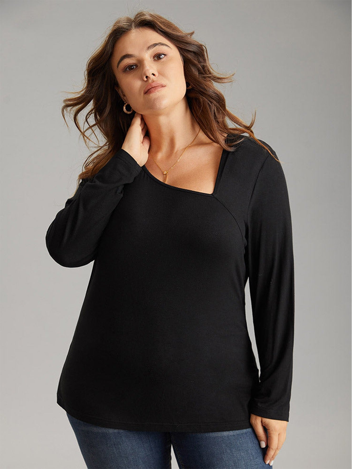 Diagonal collar off shoulder casual fashion versatile knitted long sleeved top