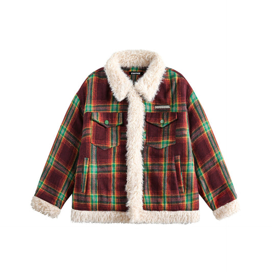 American retro plaid woolen jacket for women in autumn and winter, new cotton patchwork lamb wool loose top, loose and casual