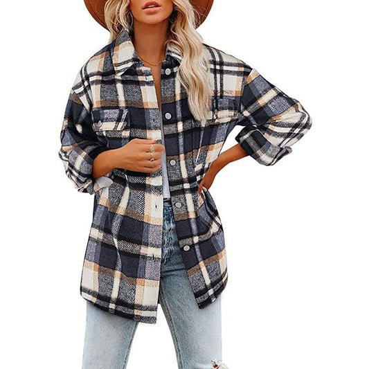 Autumn and winter women's clothing autumn and winter long sleeved lapel loose plaid thickened woolen jacket