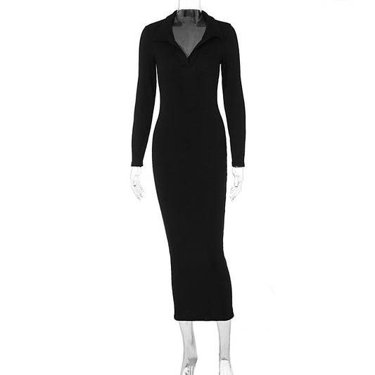 Autumn and Winter New French Long sleeved Slim Fit Flip Collar Slim Striped Dress